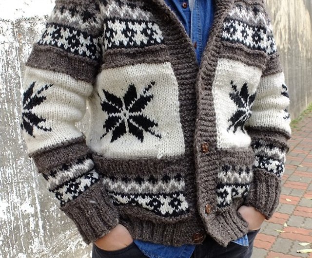 ウール 手編み セーター ジャケット スノーフレーク トーテム ブラウン