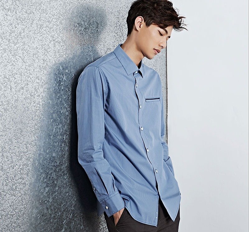 [Office Wear] Design cut-out formal long-sleeved shirt - เสื้อเชิ้ตผู้ชาย - ผ้าฝ้าย/ผ้าลินิน สีน้ำเงิน