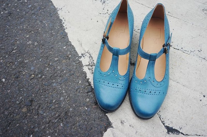 #877# 飛機在草地上飛 瑪麗珍低跟皮鞋 灰藍 - 女休閒鞋/帆布鞋 - 真皮 藍色