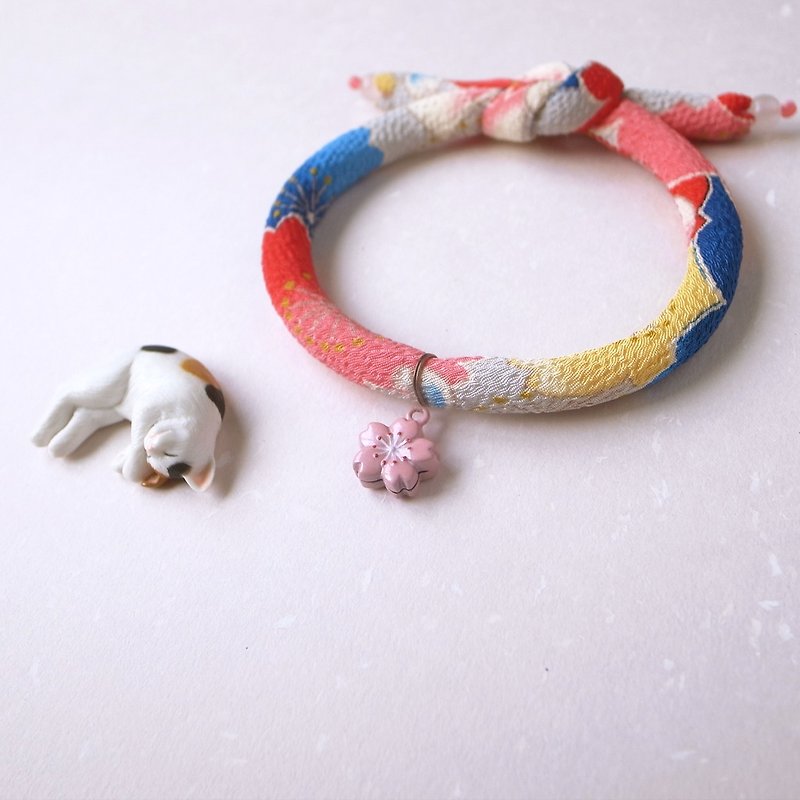 日本犬貓和布頸圈 項圈(單結式)--赤青+粉櫻鈴鐺 - 項圈/牽繩 - 絲．絹 藍色