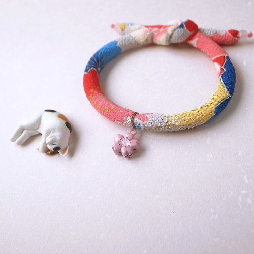 犬猫首輪製作所 日本犬貓和布頸圈 項圈(單結式)--赤青+粉櫻鈴鐺