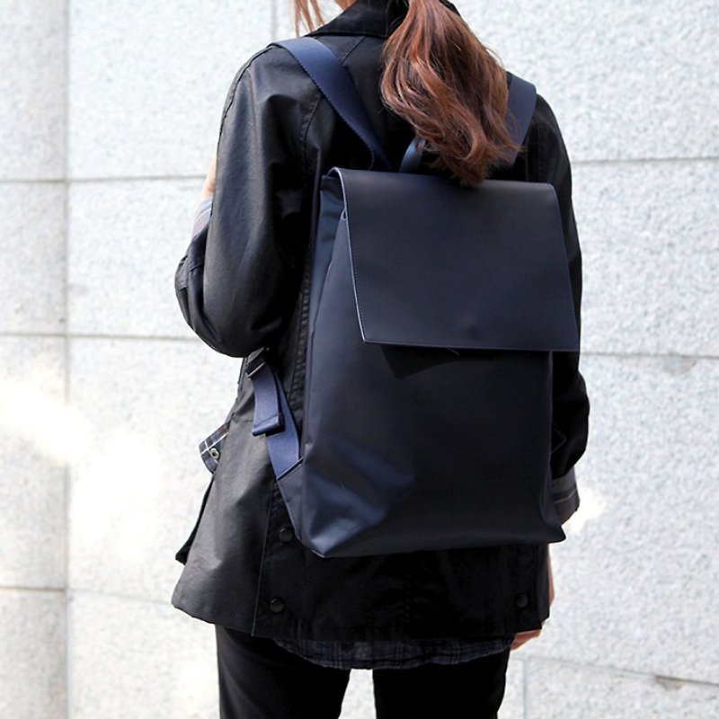 Korea after ithinkso upright backpack double material mix LEATHER FLAP BACKPACK-Navy - Backpacks - Other Materials 