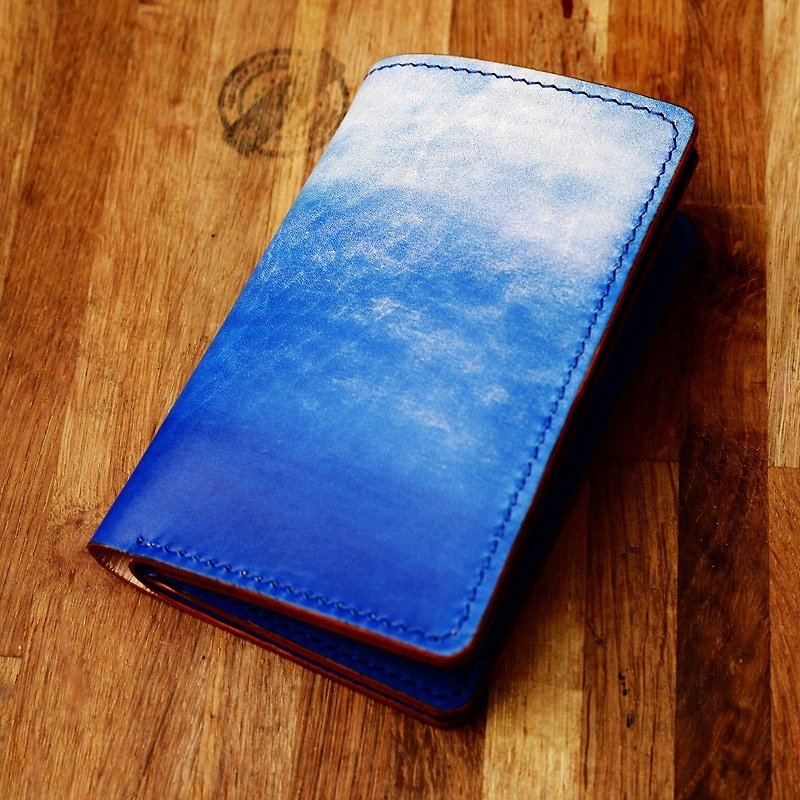 Cans Handmade Sky Blue Italian Vegetable Tanned Leather Real Cowhide Medium Treasure Cloth Two-fold Men's and Women's Wallet Wallet Customization - Wallets - Genuine Leather Blue