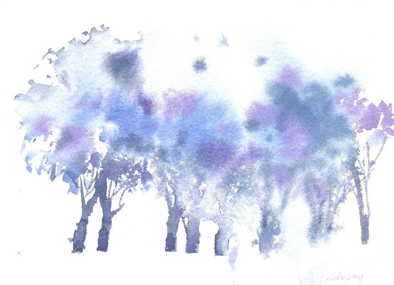 「療癒系樹林系列1-78」水彩手繪限量版明信片/聖誕卡 - 心意卡/卡片 - 紙 藍色
