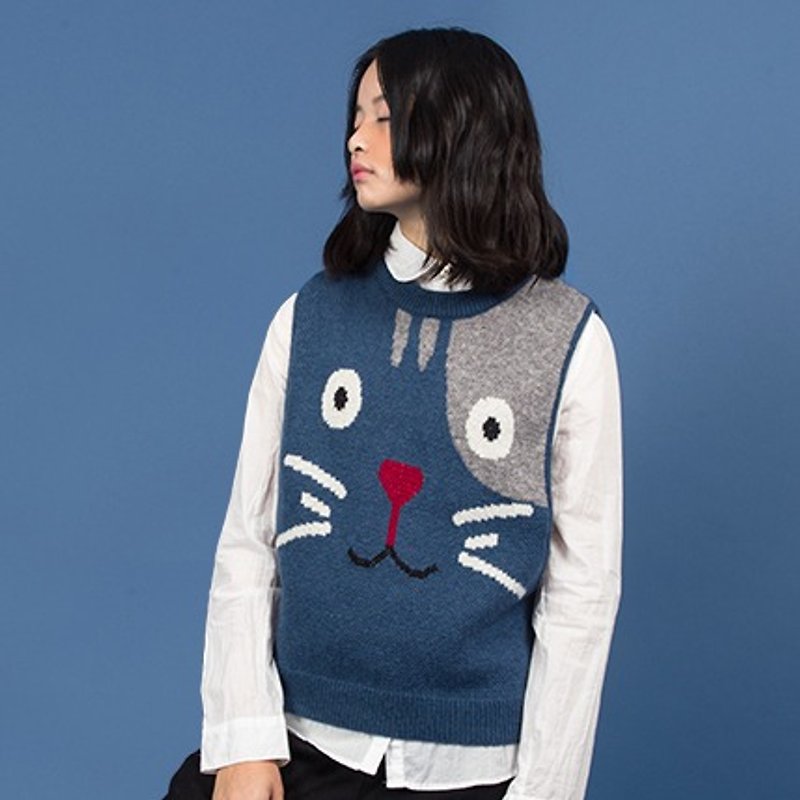 odd maker "meow microphone" childlike cute knit wool containing loose, casual sweater vest vest - สเวตเตอร์ผู้หญิง - วัสดุอื่นๆ สีน้ำเงิน