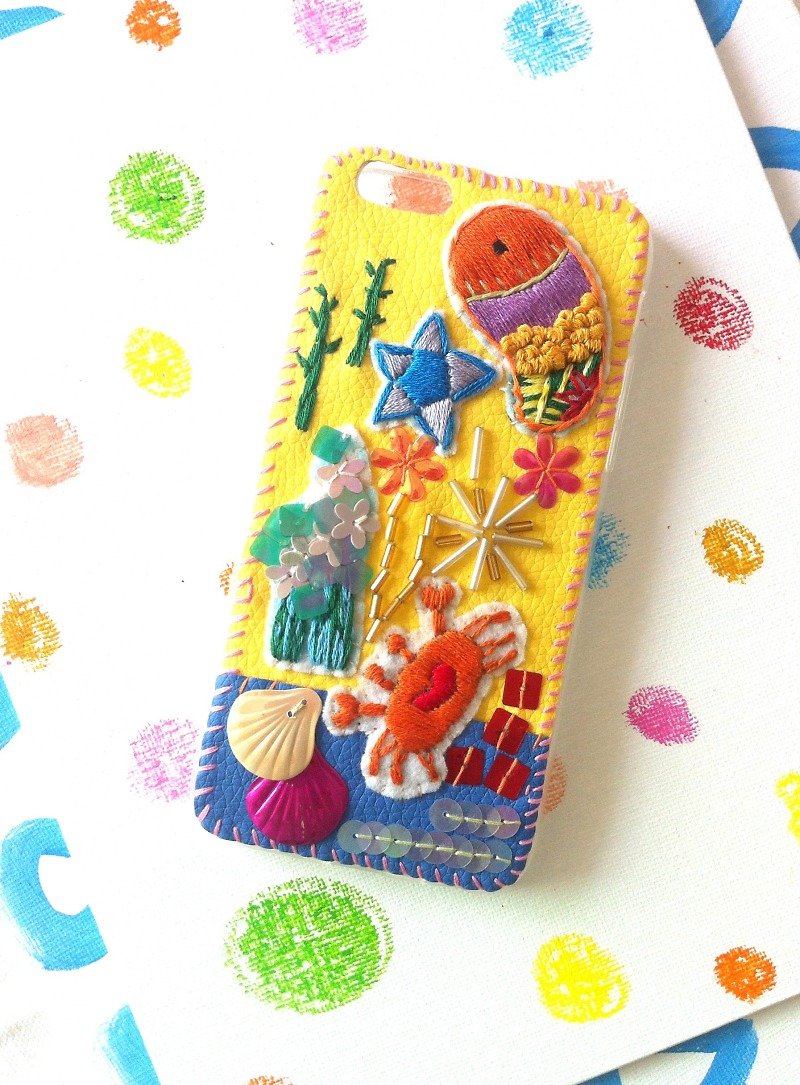 アンダーウォーターワールドの電話シェル刺繍ビーズiPhone6 / 7plus - スマホケース - 刺しゅう糸 イエロー