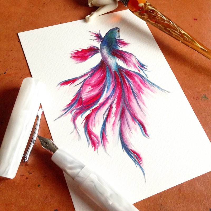 Postcard ~ Ink Dyed Painting-Fighting Fish - การ์ด/โปสการ์ด - กระดาษ สีน้ำเงิน