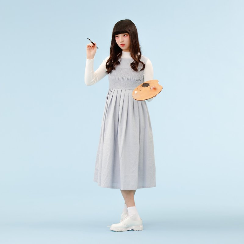 sleeveless smock dress with pleats - ชุดเดรส - ขนแกะ สีน้ำเงิน