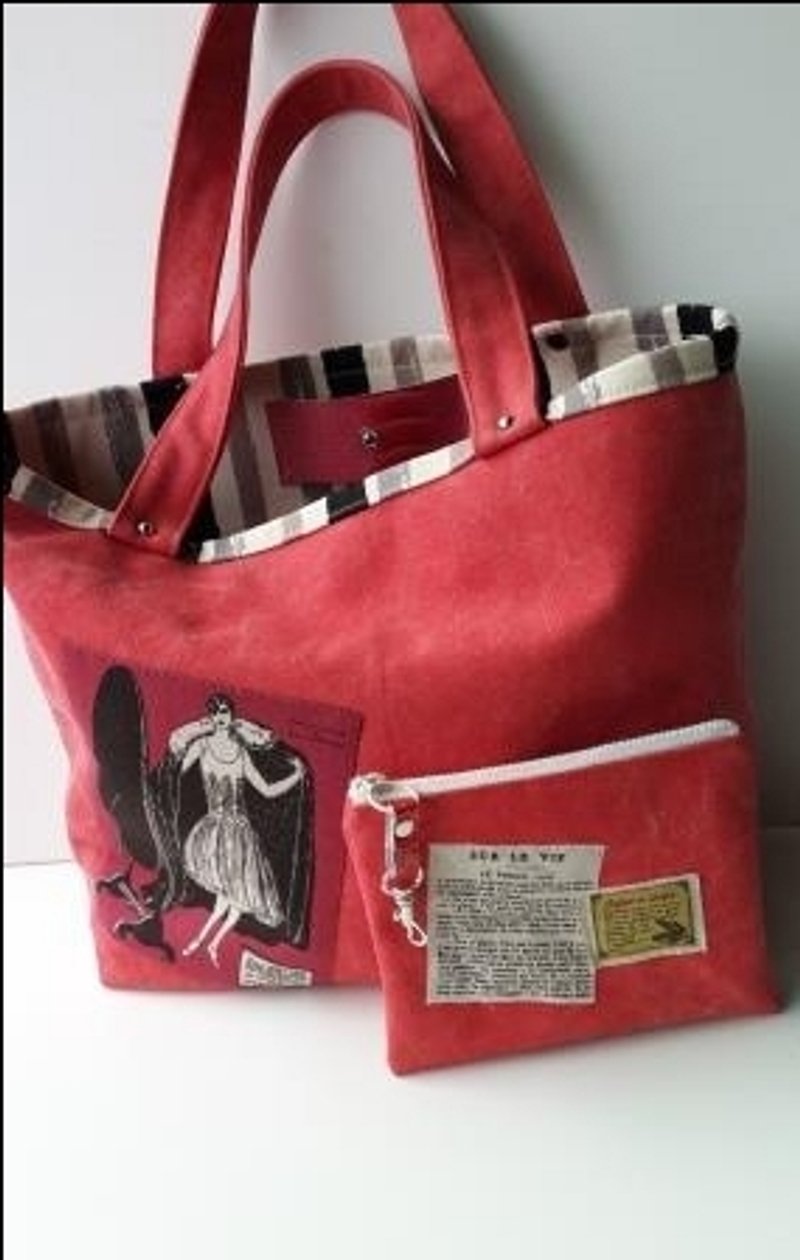 Limited vintage red _ a complete set of washed old girl tote bag + coin purse - Messenger Bags & Sling Bags - Other Materials Red