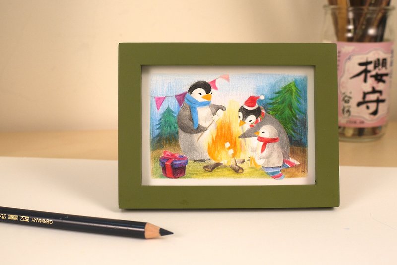 "Small animals live - Christmas articles" containing original color pencil illustration painted frame - โปสเตอร์ - กระดาษ สีเขียว