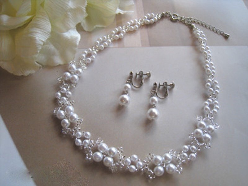 【SALE!!】Pearl Choker & Earrings / MDS : White Bridal* - 項鍊 - 玻璃 白色