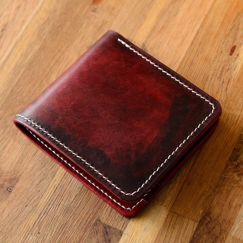 Can hand-made two-fold horizontal Japanese hand-dyed handmade dark red vegetable tanned leather short wealth minimalist cowhide wallet wallet - กระเป๋าสตางค์ - หนังแท้ สีแดง
