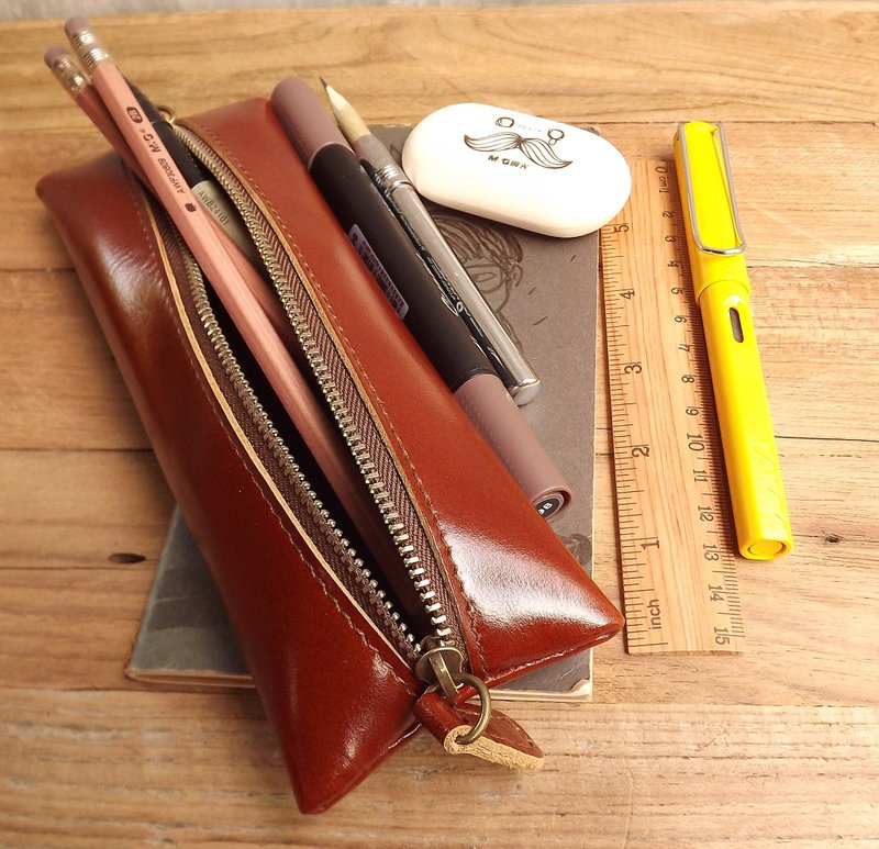 Pencil case - Flat - สีแทน (Genuine Cow Leather) / Pen case / Leather case / Accessories case - กล่องดินสอ/ถุงดินสอ - หนังแท้ สีส้ม