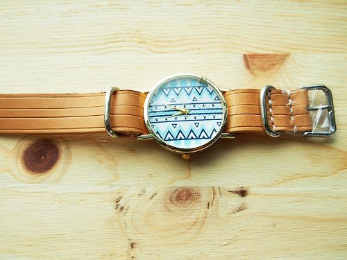 simplus-leather 手工制作 植鞣皮制錶帶配藍色曲線條錶芯