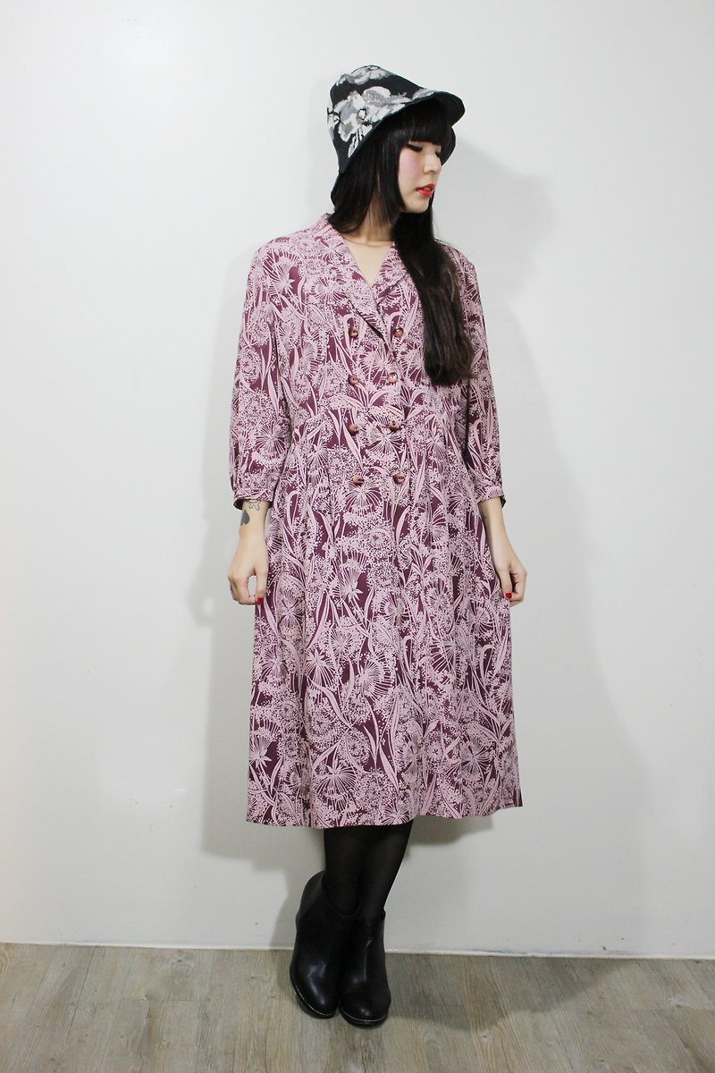 F636 (Vintage) pink dandelion flower cloth sleeve dress {vintage} - One Piece Dresses - Other Materials Pink