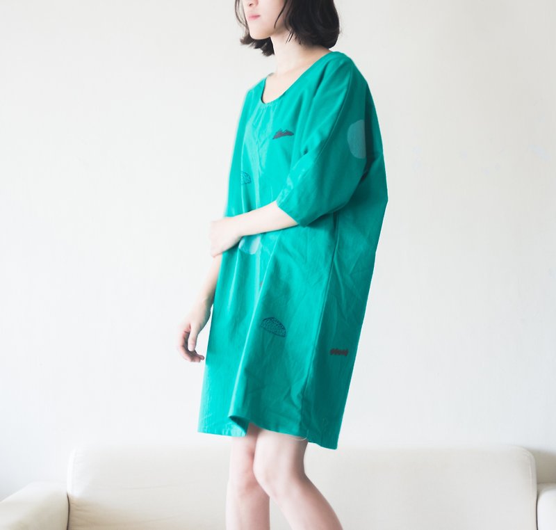 Montenegro, stone, green pond, and a dog, the wide green dress - One Piece Dresses - Cotton & Hemp Green