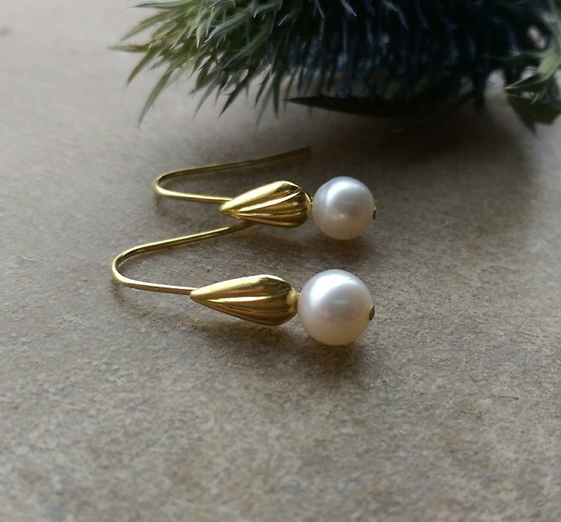 Brass Shell Freshwater Pearl Earrings - Earrings & Clip-ons - Pearl 