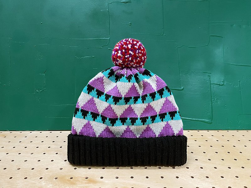 魔幻三角 可拆式毛球針織毛帽 - 帽子 - 棉．麻 紫色