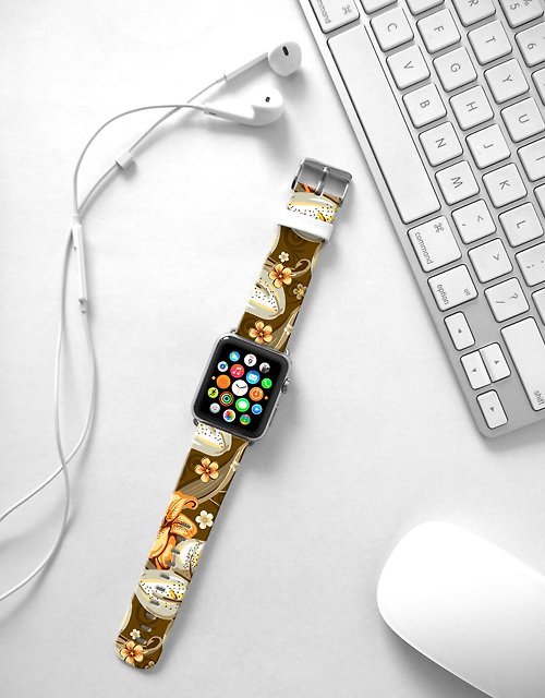 Freshion Apple Watch Series 1 , Series 2, Series 3 - Apple Watch 真皮手錶帶，適用於Apple Watch 及 Apple Watch Sport - Freshion 香港原創設計師品牌 - 棕色百合花紋 cr19