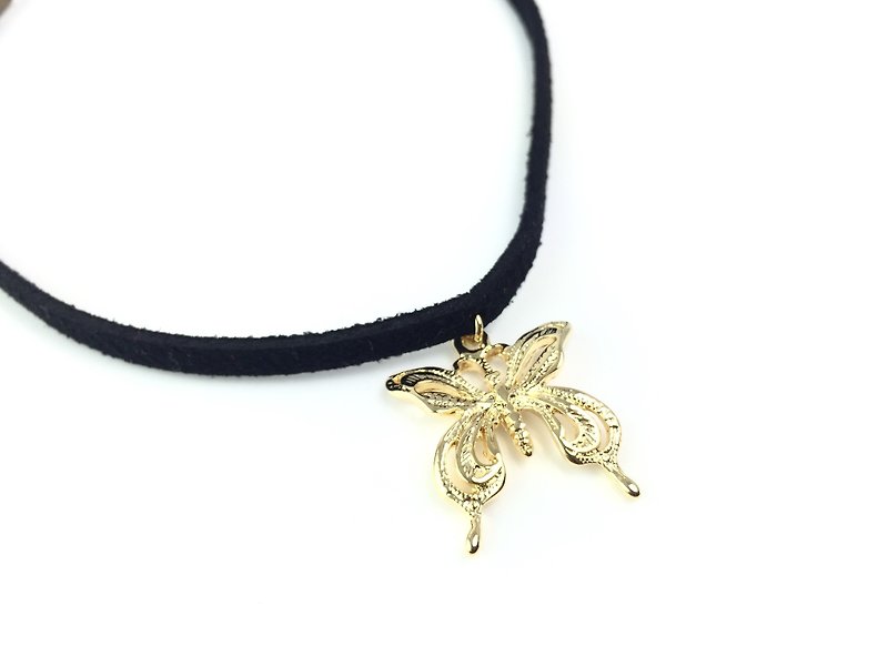 Golden Butterfly-Black Necklace - Necklaces - Genuine Leather Black