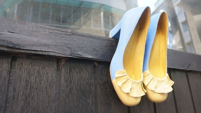 #851# 花邊教主 立體鞋頭中跟包鞋 黃/藍 - 高跟鞋/跟鞋 - 真皮 黃色