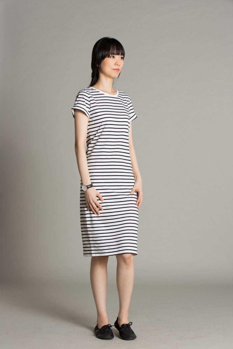 オーガニックコットンドレス夏初秋|パリ時間の黒と白のストライプ - ワンピース - コットン・麻 ホワイト