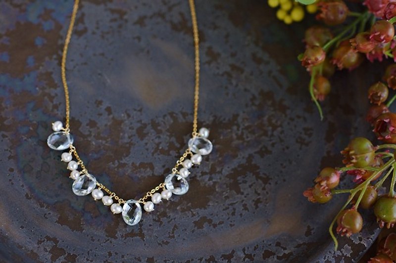 14kgf white topaz and pearl lace necklace
