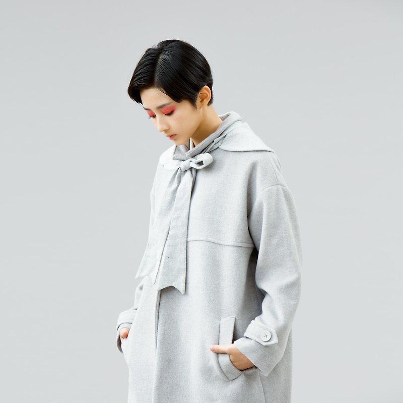 ウール ジャケット グレー - 小さな襟カシミヤ繭型ロングコート
