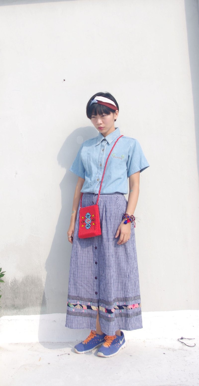 4.5studio- Japan Kanghui Shimokitazawa vintage - Hawaiian coconut tree embroidered light blue denim short-sleeved shirt - เสื้อเชิ้ตผู้หญิง - วัสดุอื่นๆ สีน้ำเงิน