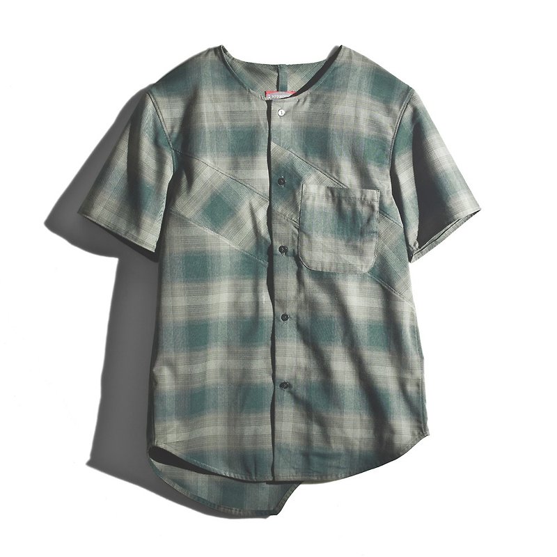 無領格紋短袖襯衫 *S號 - 男襯衫/休閒襯衫 - 其他材質 綠色