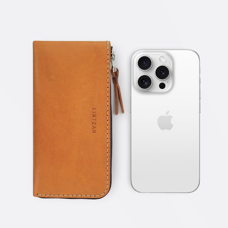 iPhone zipper phone case/wallet--camel yellow - เคส/ซองมือถือ - หนังแท้ สีส้ม