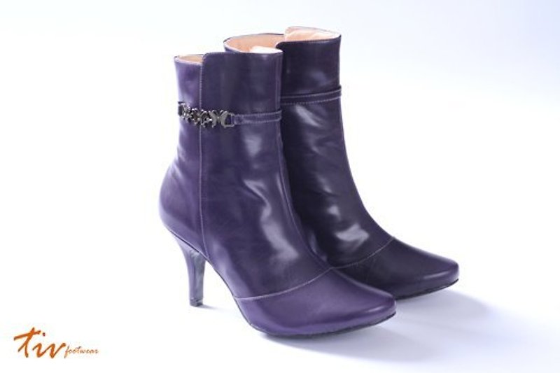 Dark purple elegant short boots - รองเท้าบูทสั้นผู้หญิง - หนังแท้ 