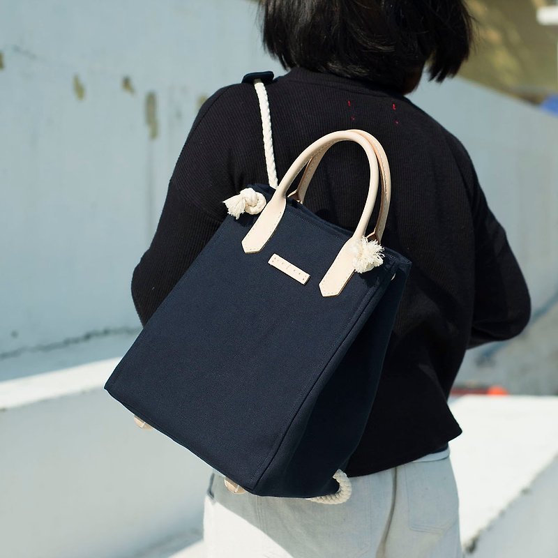 3-way Canvas backpack (Navy Color) - กระเป๋าแมสเซนเจอร์ - ผ้าฝ้าย/ผ้าลินิน สีน้ำเงิน