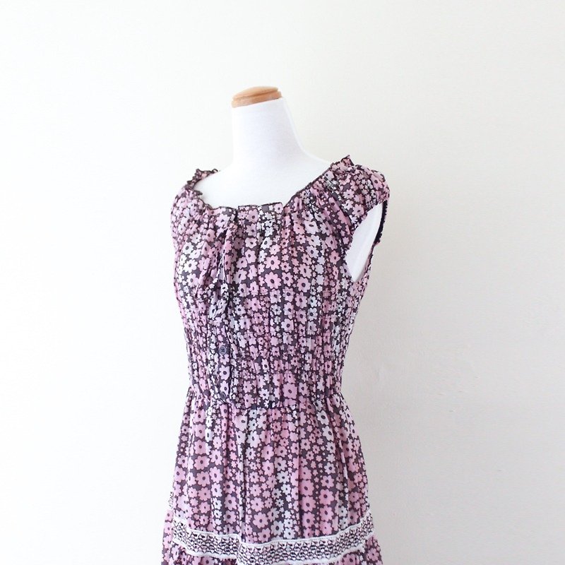 其他材質 洋裝/連身裙 紫色 - 【RE0605D318】粉紫色系小花花寬鬆棉料古著洋裝-特