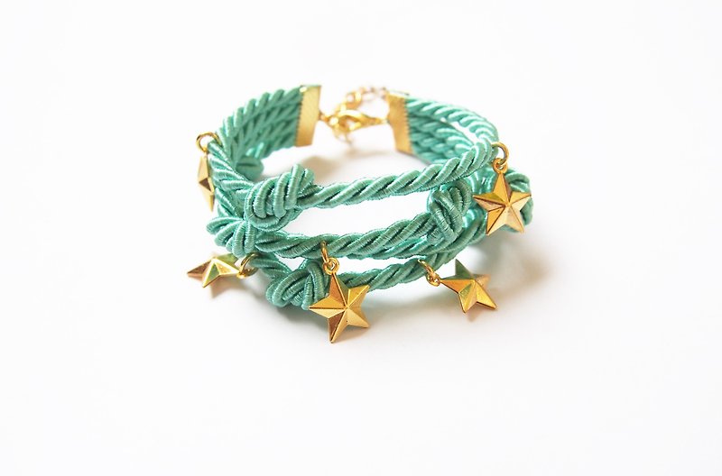 Green mint handmade rope bracelet with gold star charm - Bracelets - Other Materials Green