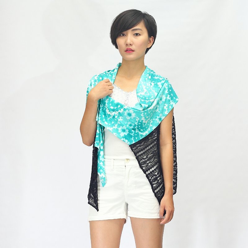 Cyan blue / black / lace knit / blouse/Knit Vest - Women's Vests - Polyester Blue