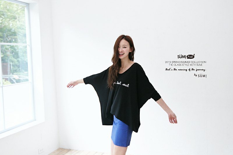 ◆ SUMI PLUS series of hand-made asymmetrical sleeve shirt flying squirrel black ◆ 3SF070_ - Women's T-Shirts - Cotton & Hemp Black