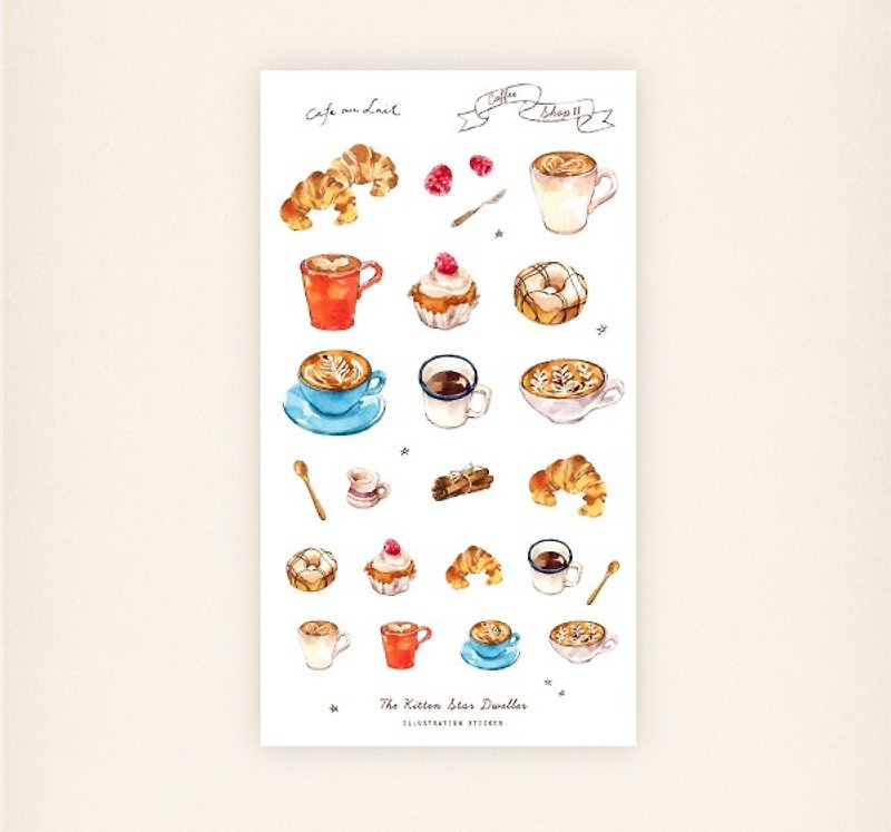 Coffee Shop II - Illustration Stickers (2 pieces inclode) - สติกเกอร์ - กระดาษ สีนำ้ตาล
