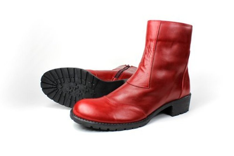 Red plain noodle handsome short boots - รองเท้าบูทสั้นผู้หญิง - หนังแท้ สีแดง