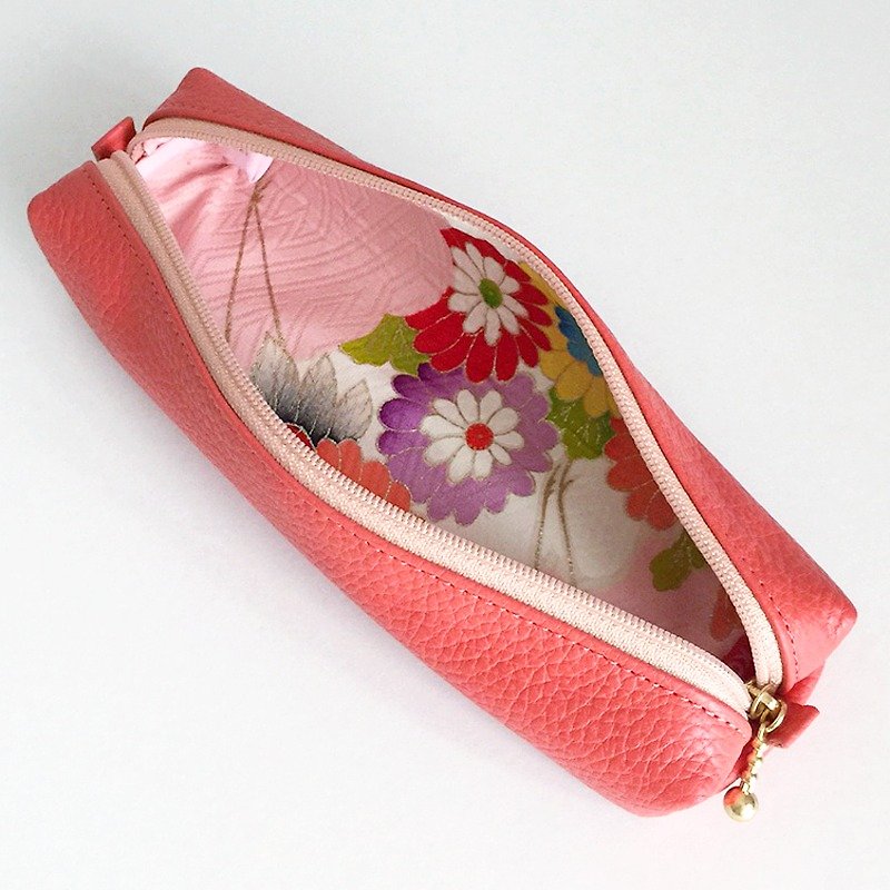 Leather pen case with Japanese Traditional pattern, Kimono - Pencil Cases - Genuine Leather Pink