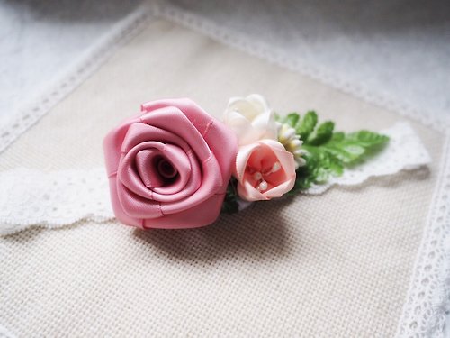 sunflowercorsage 手作嬰兒女童粉紅絲帶玫瑰花婚禮手花襟花