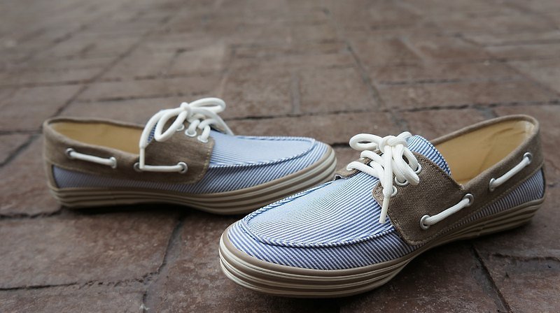 棉．麻 女休閒鞋/帆布鞋 藍色 - Rita617 條紋帆船鞋(藍)