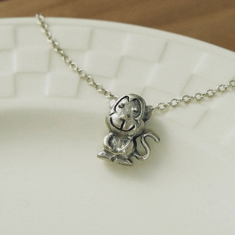 Fancy Moon* Light Fart Monkey necklace 925 sterling silver - Necklaces - Other Metals Brown