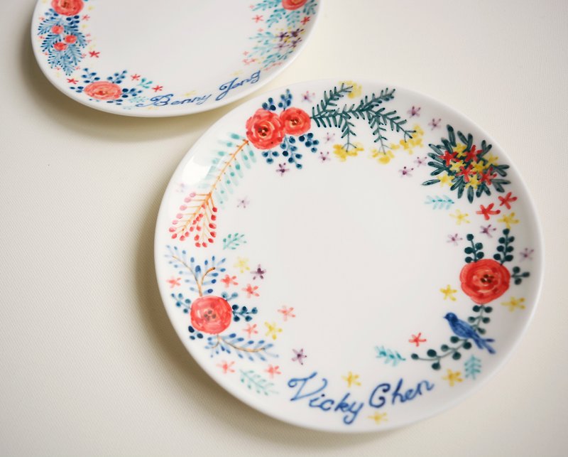 Hand-painted 6-inch cake plate dinner plate-15cm-garden wedding plate and anniversary plate-customized, name - จานเล็ก - เครื่องลายคราม สีแดง
