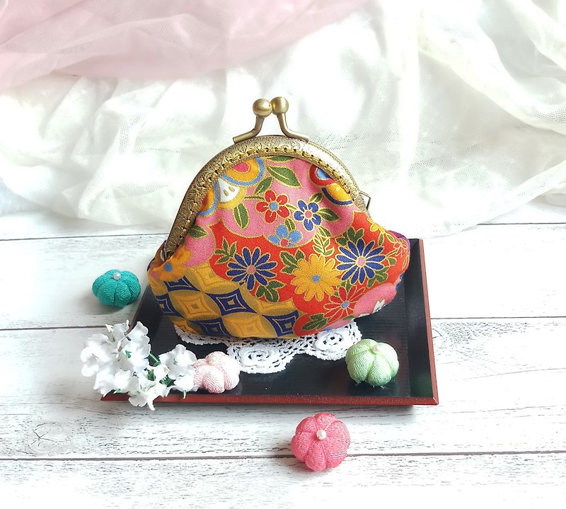 Japanese Kimono Fabric - Small clutch / Coin purse (JS-60) - กระเป๋าใส่เหรียญ - ผ้าฝ้าย/ผ้าลินิน สีเขียว