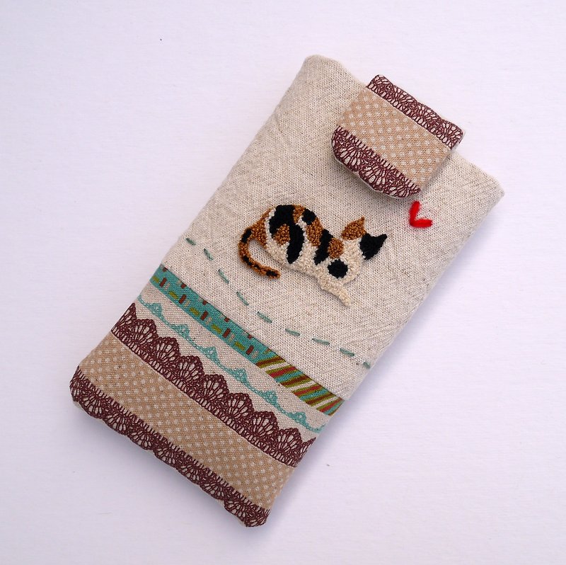 三色花貓刺繡手機袋(M) - 其他 - 其他材質 