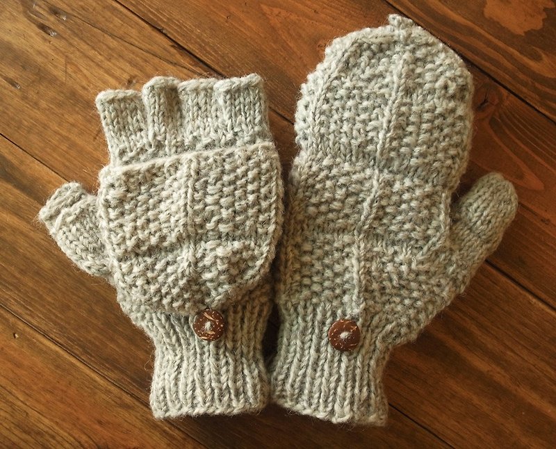 羊毛編織手套 十字 淺灰 - 手套/手襪 - 羊毛 灰色