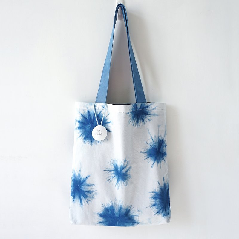 S.A x Cells, Indigo dyed Handmade Dots Pattern Tote Bag - Messenger Bags & Sling Bags - Cotton & Hemp Blue