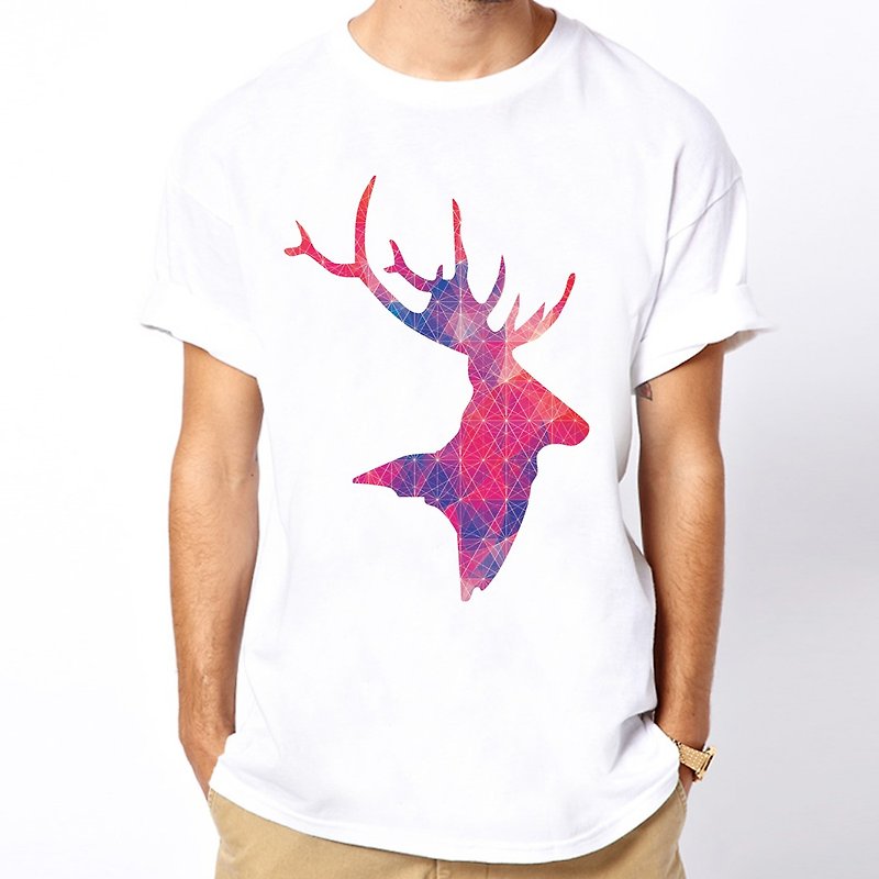 幾何学的な鹿の頭の半袖 Tシャツ-白の幾何学的な抽象鹿の頭のホーン宇宙格安ファッションデザイン自家製ブランド天の川トレンディなラウンド三角形 - Tシャツ メンズ - 紙 ホワイト