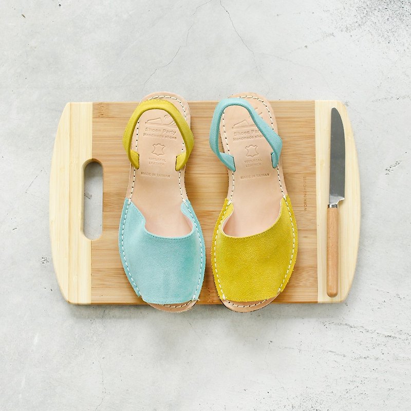 Handmade minimalist open toe sandals - yellow x lake green / handmade / S2-15430L